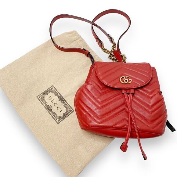 Gucci Marmont Metallasse Quilted Chevron Leather Drawstring Backpack Mini GG Red - Picture 10 of 16